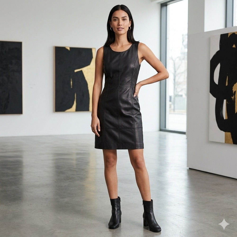 Halogen Leather Ponte Shift Dress Womens 8P Black Moto Back‎ Zip Petite